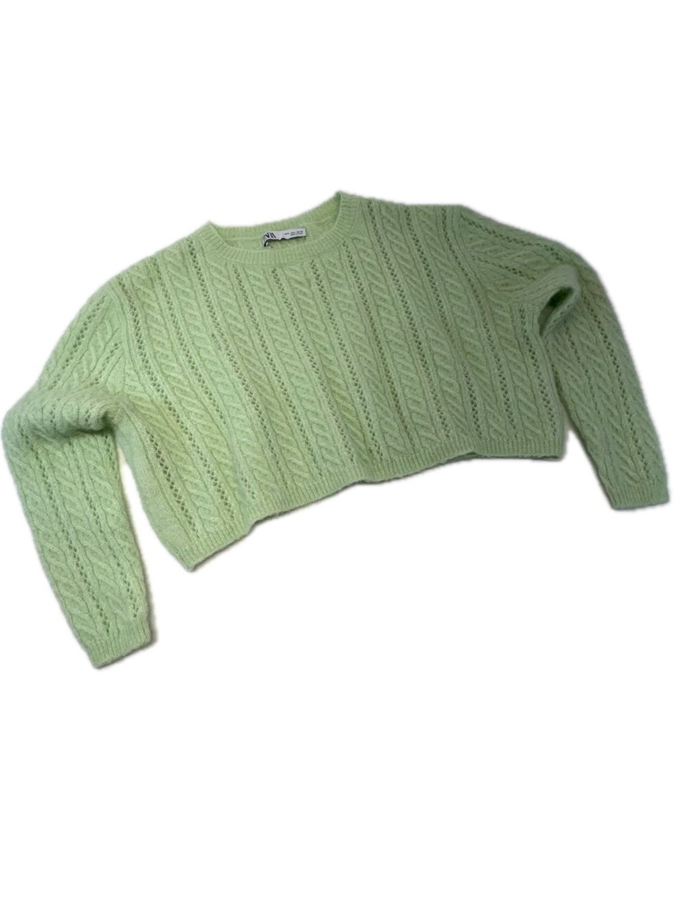 ZARA Mint Green Cable Knit Crop Sweater L Open Stitch Fuzzy Mohair Blend